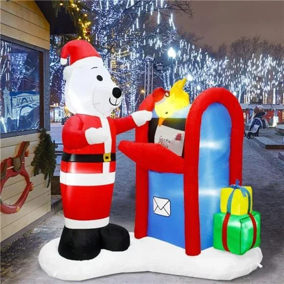 6FT Christmas Inflatable Decor, Lighted Polar Bear Mailing Letter to Santa Scene